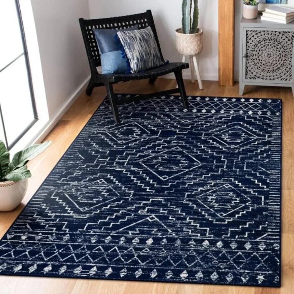 New 3x5 Blue Moroccan Rug, Washable Non-Slip Geometric Carpet for Entry & Home